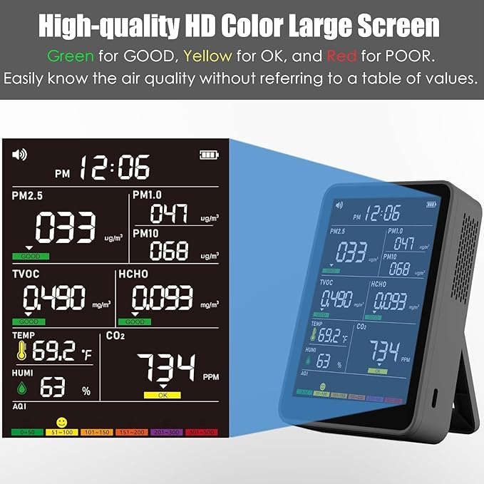 Professional Indoor Air Quality Monitor with AQI Beep Alarms, Portable Real-Time Detector for Home Cars Plants and Pets
