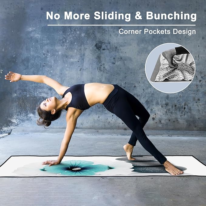 QiyI Large Yoga Mat Towel with Corner Pockets, Non Slip Sweat Absorbent Hot Yoga Towels, Soft Yoga Blankets Skidless Mat Cover for Workout, Gym, Fitness - 74"x26", Pebbles & Blue White Flowers-FlexoryFit