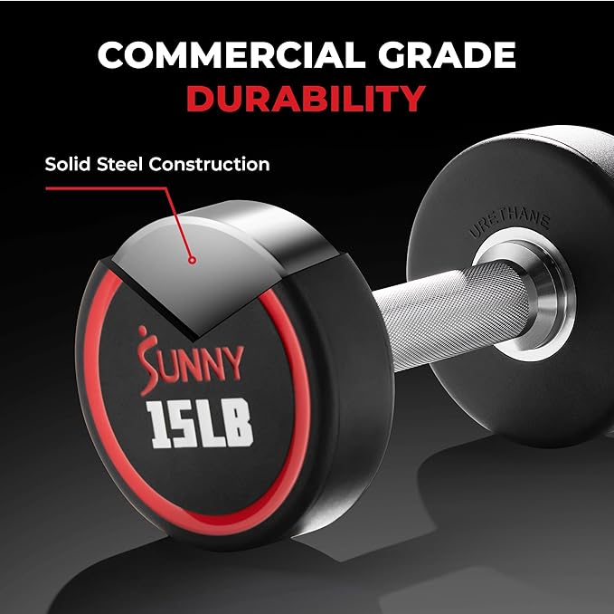 Sunny Health & Fitness Premium Polyurethane Commercial Grade Round Dumbbells with Diamond Knurled Handle, Durable Strength Training Equipment for Home Gym, 5-50LB-FlexoryFit
