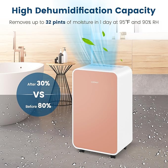 COSTWAY 2500 Sq. Ft Dehumidifier for Basement, 32 Pints Portable Quiet Dehumidifier for Bedroom Bathroom with Sleep Mode, 24H Timer, Auto Shut Off, Auto Defrost & Drain Hose (Pink)