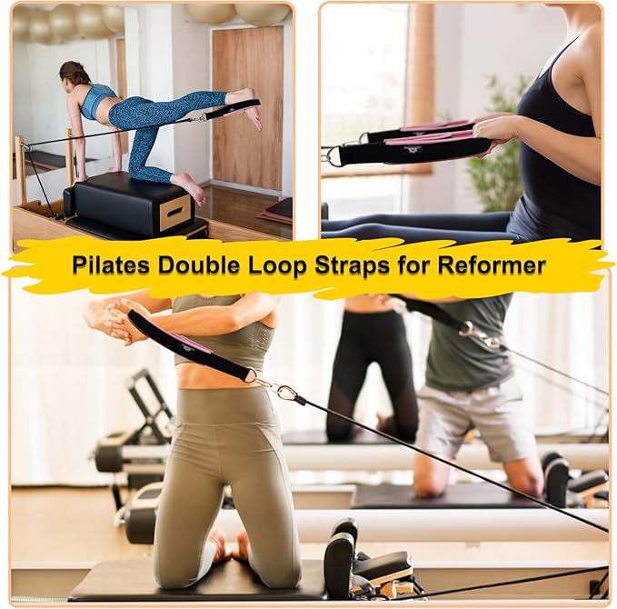 1 Pair Enhanced Pilates Double Loop Straps for Reformer, Thickened D-Ring Handle Straps, Yoga Exercise Accessories in 2 Lengths and Multicolor for Home Gym Workout-FlexoryFit