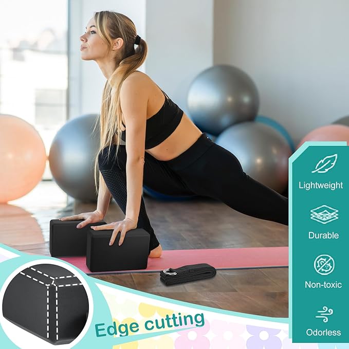 Meooeck 18 Pcs Yoga Block and Strap Set 9 x 6 x 3 Inch EVA Foam Non Slip Brick 8 ft Yoga Straps for Stretching D Ring Design for Back to School Pilates Fitness Workout Exercise-FlexoryFit