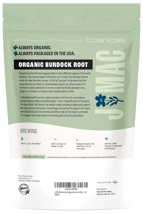 J Mac Botanicals, Organic Burdock Root Tea (16 oz), Certified USDA Organic Burdock Root herb, fresh dried herb from Eastern Europe-FlexoryFit