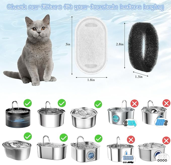 28+28 Pack Pet Water Fountain Filters, Cat Water Fountain Filters Replacement for Dog/Cat Fountain Stainless Steel 108oz/3.2L& 67oz/2L, 14 Months Set to Keep Drinking Fresh