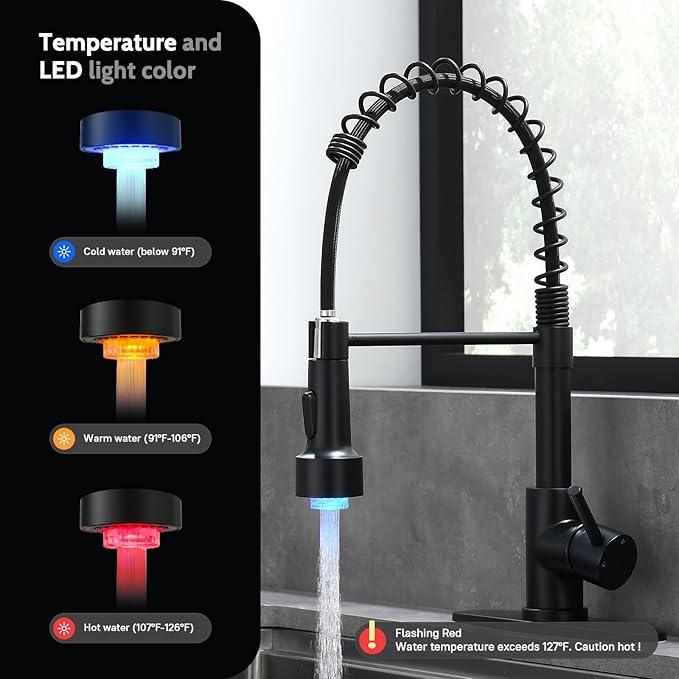 WEWE Kitchen Faucets with LED Light, Kitchen Faucet with Pull Down Sprayer Commercial Stainless Steel Single Handle Spring Farmhouse RV Sink Faucet, Matte Black