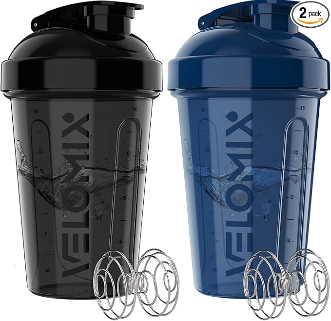 '-2 Pack- 20 oz Protein Shaker Bottles for Protein Mixes - 2x Wire Whisk, Leak Proof Shaker Cups for Protein Shakes and Pre Workout, Protein Shaker Bottle Pack, Protein Mixer Cup (Blue&Black)-FlexoryFit