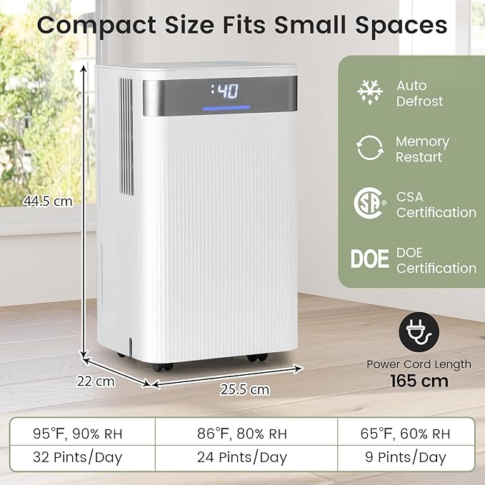 COSTWAY 32 Pints Dehumidifier, 24H Timer, 3-Color Indicator, Drain Hose & Wheels, Low Noise, 2000 Sq.Ft Portable Dehumidifier Home, Bathroom, Bedroom