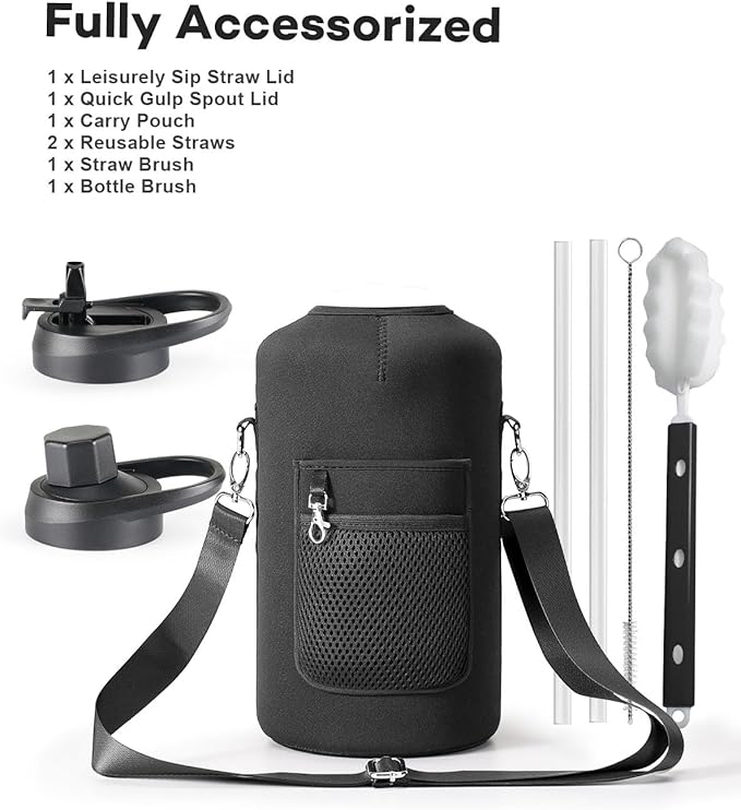 128 oz Insulated Water Bottle with Straw and Lid, One Gallon Stainless Steel Cup with Handle,Leakproof Metal Travel Jug Flask Mug Tumbler Cup With Carry Pouch and Brush,Keep Cold & Hot,Grey-FlexoryFit