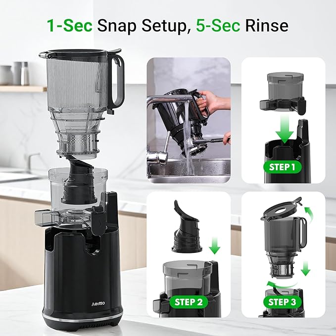 Juicer Machines,Aeitto Cold Press Juicer with 5.3“ Extra Large Feed Chute for Whole Fruits & Vegetables, Juice Extractor Machine, Self Feeding, Easy to Clean, High Juice Yield, Black-FlexoryFit