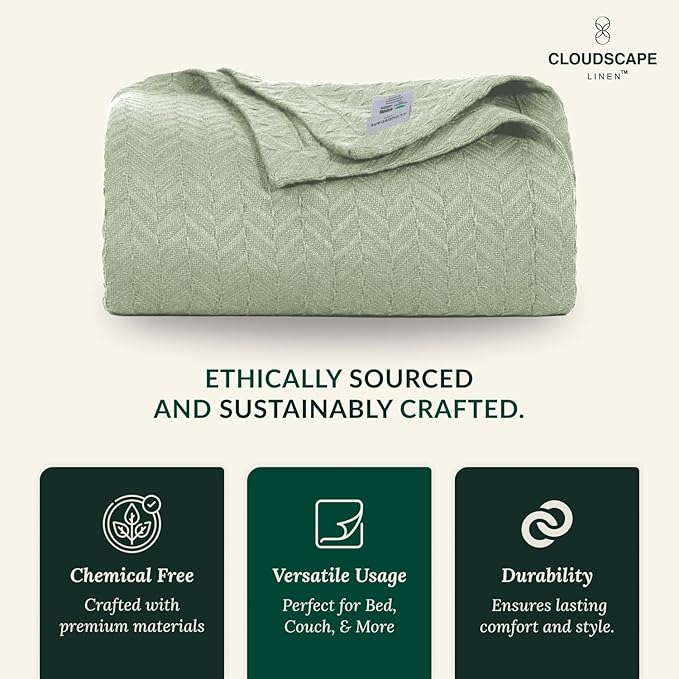 Cloud Scape Linen 100% Cotton Blanket King Size for Bed – Lightweight Summer Blanket, Herringbone Weave,fits California King Size Bed, 92x108,Seafoam Green