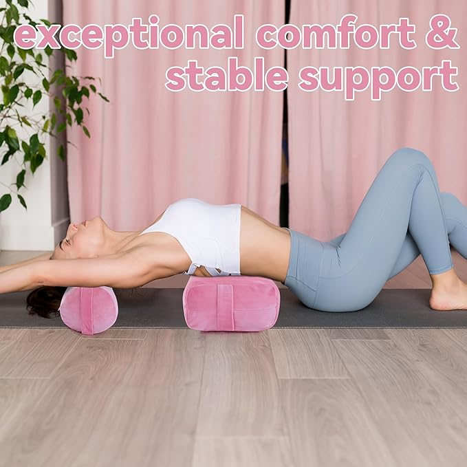 ROYALAY 2 Pcs Yoga Bolster Pillow for Restorative Yoga, Rectangular and Cylinder Meditation Pillow Set with Carrying Handles, Supportive Cushion for Exercise Workout Stretching Meditation,Pink-FlexoryFit
