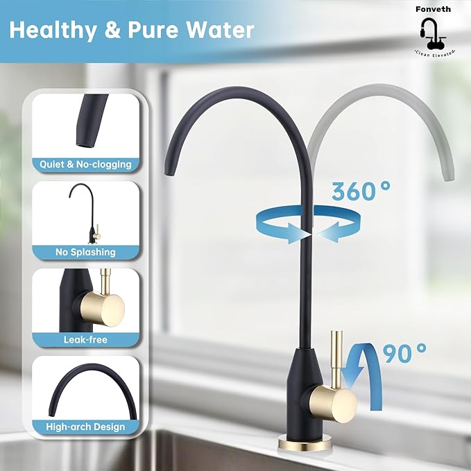 Drinking Water Faucet, Black and Gold RO Faucet Kitchen Water Filter Faucet for Non-Air Gap Reverse Osmosis Water Filtration System