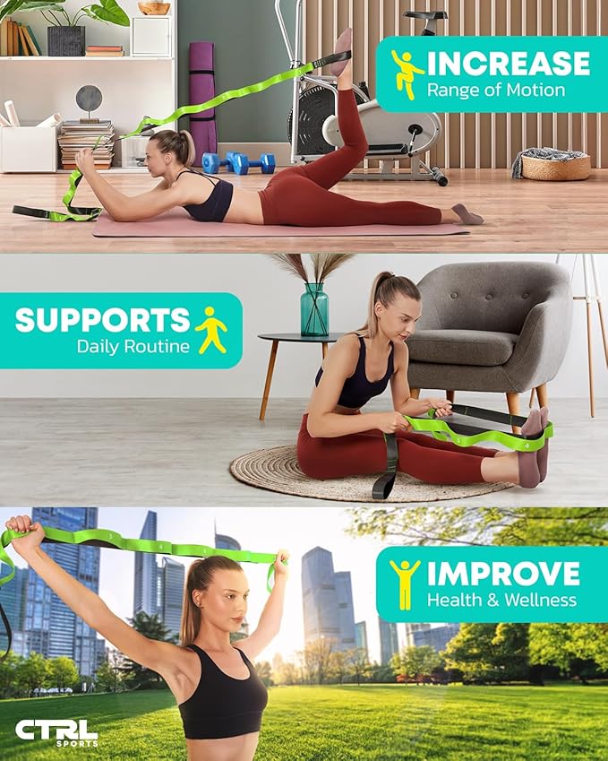 Stretching Strap with Loops - Non Elastic Stretch Band for Physical Therapy, Yoga Strap for Stretching Equipment, Stretch Bands for Exercise and Flexibility - Fascia, Hamstring & Leg Stretcher Belt-FlexoryFit