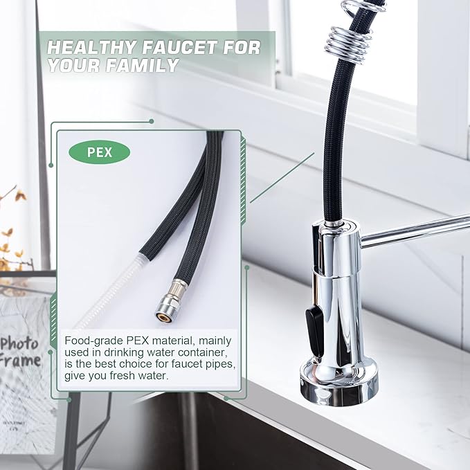 WEWE Chrome Kitchen Faucet, Faucet for Kitchen Sink with Pull Down Sprayer Kitchen Faucet with Deck Plate Stainless Steel Single Handle Spring for Farmhouse Utility Bar Laundry Sinks