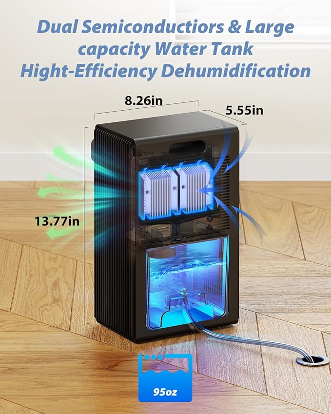 Dehumidifier, 95 OZ Dehumidifiers for Home (800 sq.ft), Quiet Small Dehumidifiers for Bedroom Bathroom Basements Closet RV, Auto Shut Off, Two Working Models and 7 Colors LED（Black）