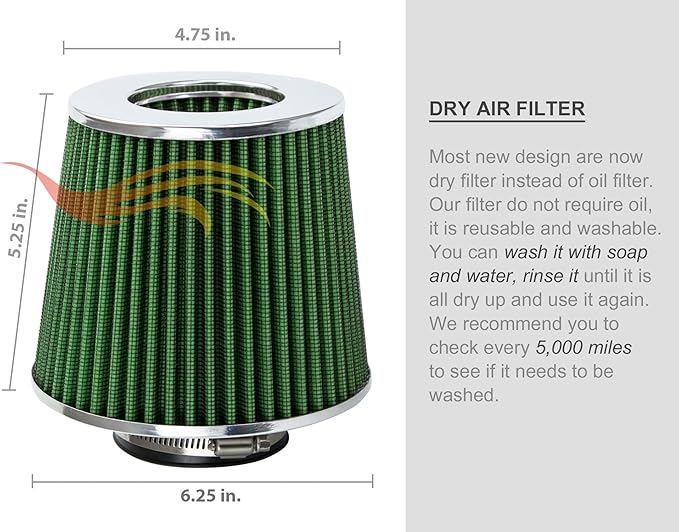 GREEN 6" 152 mm Inlet Truck Cold Air Cone Replacement Performance Washable Clamp-On Dry Air Filter (8" Tall)
