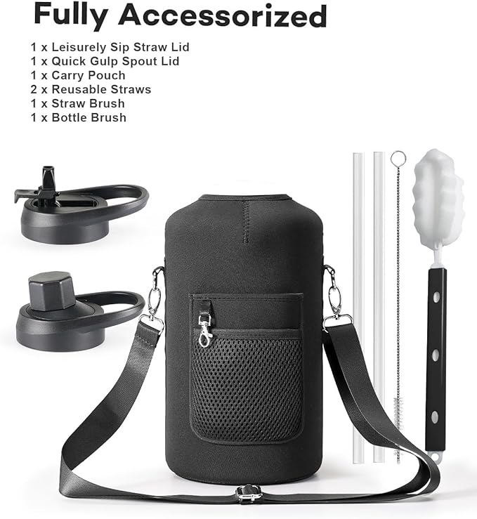 128 oz Insulated Water Bottle with Straw and Lid, One Gallon Stainless Steel Cup with Handle,Leakproof Metal Travel Jug Flask Mug Tumbler Cup With Carry Pouch and Brush,Keep Cold & Hot,Black-FlexoryFit