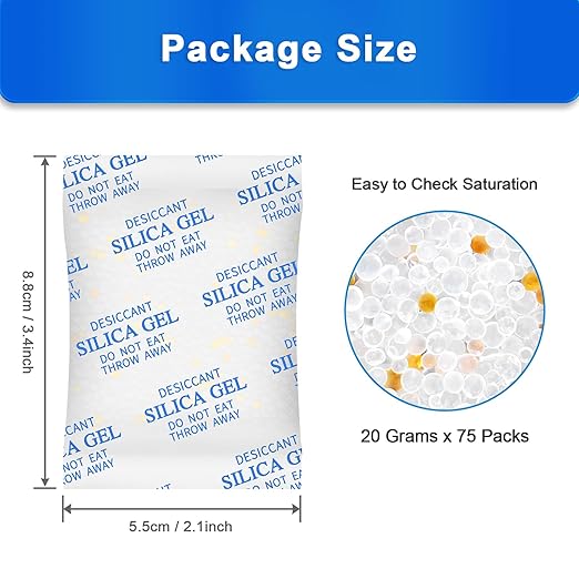 Desiccant Packs for Storage, 75 Packs 20 Gram Silica Gel Packets for Moisture Control, Food Grade Moisture Absorbers with Color Indicating, Desiccant Packs for Foods, Electronics, Jewelry, Safe