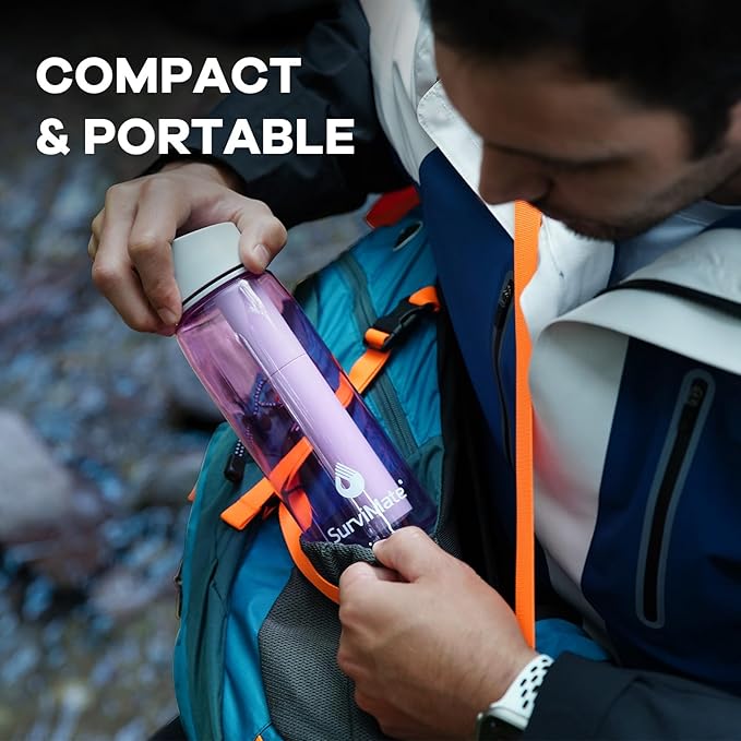 Survimate 5-Stage 0.01μm Ultra-Filtration Filtered Water Bottle, BPA-Free Material, NSF/ANSI 42&372 Certified, Portable Water Filter Bottle for Survival, Camping, Hiking, and Emergency Use