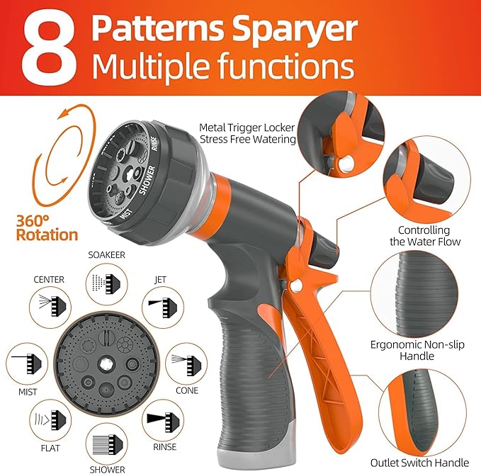 Garden Water Hose 75 ft x 3/4 in Heavy Duty, Flexible and Lightweight, Burst 600 psi, Kink-less Hybrid Rubber Pipe for Backyard, 3/4'' Brass Fittings, Orange