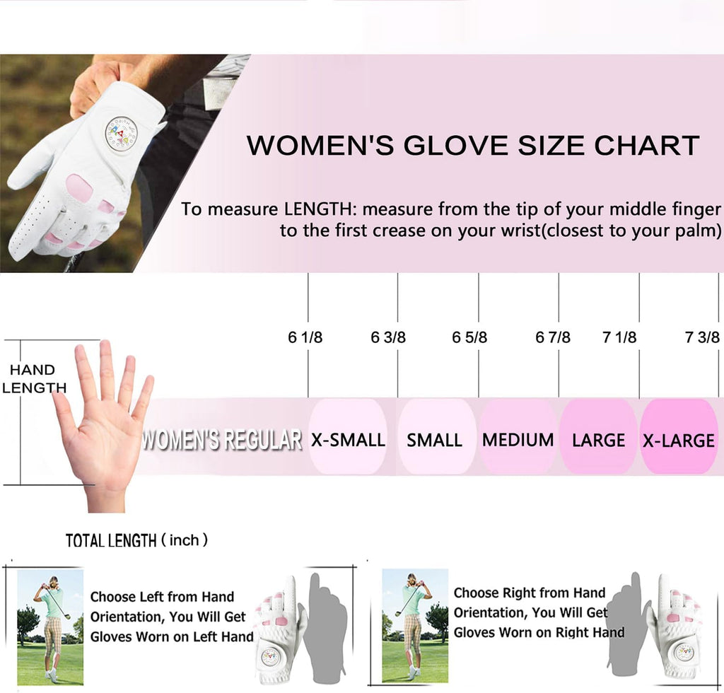 Golf Gloves Women Leather with Ball Marker 3 Pack, Left Hand Right Stylish Pink All Weather Grip Breathable Glove, Fit Sizes Small Medium Large for Womens Ladies