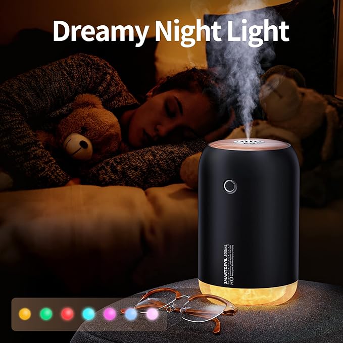 SmartDevil Portable Mini Humidifier, 500ml Desk Plant Humidifier, USB Personal for Bedroom, Office with Night Light, 2 Mist Modes, Black