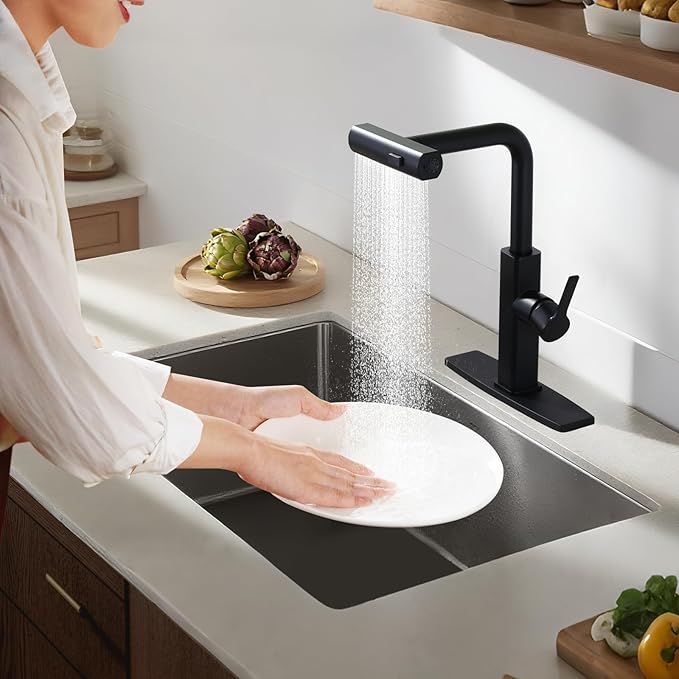 Kitchen Faucet with Pull Down Sprayer: ALEASHA Waterfall Kitchen Faucet with 3 Function Pullout Sprayer, Brass Core Single Handle Faucet, 360°Rotatable Black Single Hole Sink Faucets for Modern