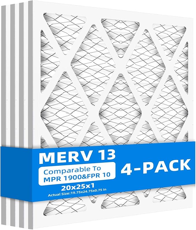 (4 Pack) 20x25x1 Furnace Air Filters, MPR 1900 & FPR 10, MERV 13 Pleated Air Filter (Actual Size: 19 3/4"x 24 3/4" x 3/4")