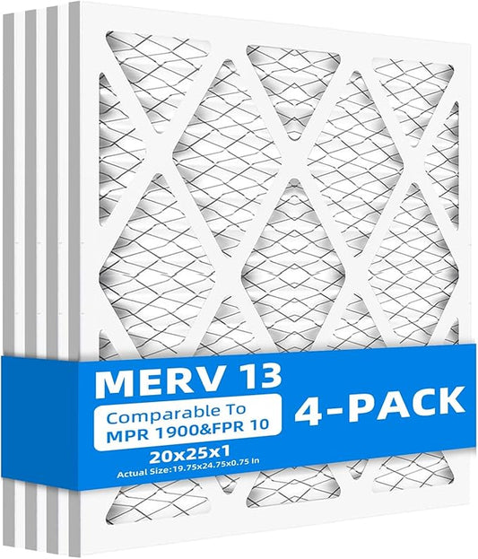 (4 Pack) 20x25x1 Furnace Air Filters, MPR 1900 & FPR 10, MERV 13 Pleated Air Filter (Actual Size: 19 3/4"x 24 3/4" x 3/4")