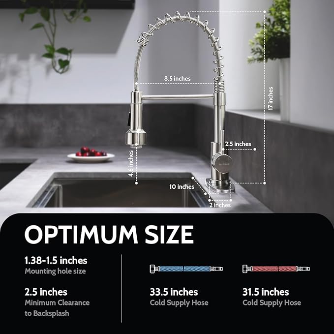 WEWE Kitchen Faucets, Brushed Nickel Kitchen Faucet with Pull Down Sprayer Spring Single Handle Stainless Steel Kitchen Sink Faucet with LED Light Deck Plate for Laundry Rv