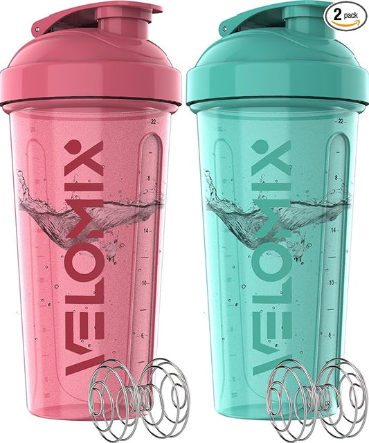 '-2 Pack- 28 oz Protein Shaker Bottles for Protein Mixes - 2x Wire Whisk | Leak Proof Shaker Cups for Protein Shakes | Protein Shaker Bottle Pack (Pink/Turquise)-FlexoryFit
