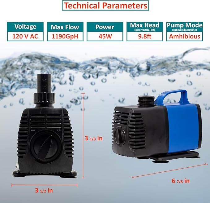 1190 GPH Submersible Pump(4500L/H,35W) Ultra Quiet Adjustable Amphibious Internal External Water Pump For Pond,Aquarium,Fish Tank,Fountain,Hydroponics,Statuary,Sump Pump - 4 Pcs
