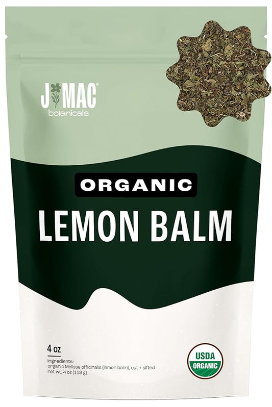 J Mac Botanicals Organic Lemon Balm (4 oz), Loose Leaf Tea, Dried Lemon Balm Tea, herbal Infusion, Lemon balm leaves, melissa officinalis tea, Certified USDA Organic-FlexoryFit