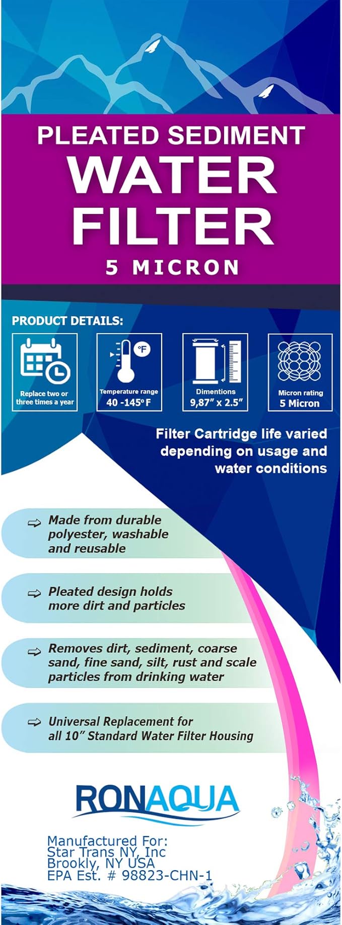 Pleated Sediment Water Filter Cartridge 9.87”x 2.5” Amplified Surface Area, Removes Sand, Dirt, Rust, Extended Filter Life WELL-MATCHED with WHKF-WHPL, 801-50, WB-50W, WFPFC3002, SPC-25-1050 (6 Pack)