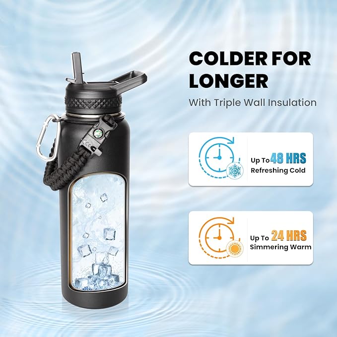 Insulated Water Bottle 40 oz, Triple Wall Vacuum Stainless Steel (Cold for 48 Hrs), Leak Proof & Non-BPA, Modern Water Flask Jug with Paracord Handle & Straw Spout Lids, Magic Black-FlexoryFit