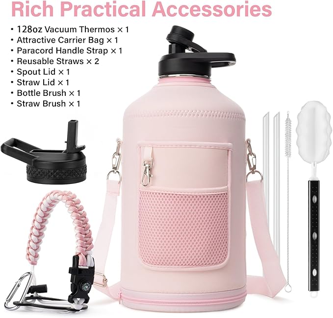 1 Gallon Water Bottle Insulated | Thickened Stainless Steel Vacuum Metal Water Jug | Portable Sports Large for Gym and Hiking with Straw, Carrier Bag, Handle Strap | BPA-Free 128 oz-FlexoryFit