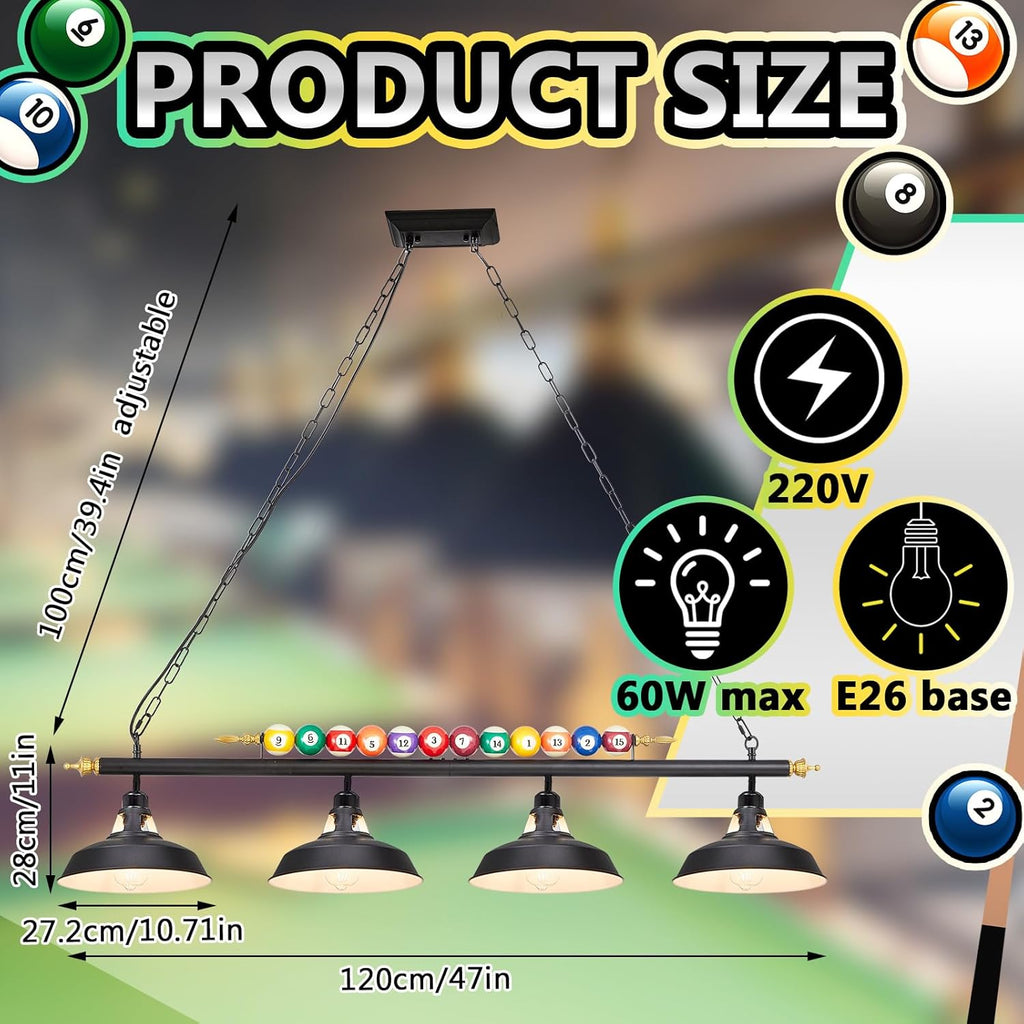 Adjustable Pool Table Lights for 7'-8' Billiard Light Hanging Pool Table Light Fixture Lighting Pendant Lamp with Metal Shades for Game Rooms (Bulb Not Included)(4 Lights)