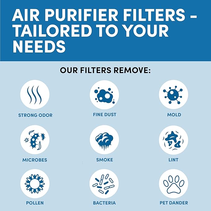 Veva HEPA Filter E Replacement (2 Pack) Compatible with Germ Guardian Air Purifier AC4100 / FLT4100. Pack of 2 HEPA Filters / 6 Carbon Pre-Filters.