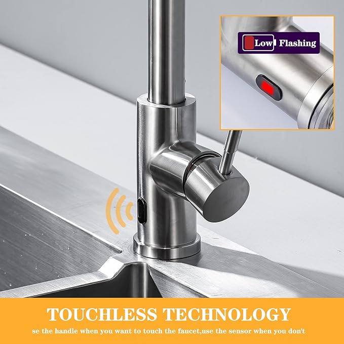 Touchless Kitchen Faucet with Pull Down Sprayer Brushed Nickel Kitchen Faucet Infrared Sensor Kitchen Faucet Touchless Kitchen Sink Faucets Stainless Steel Single Handle Motion Sensor Kitchen Faucet