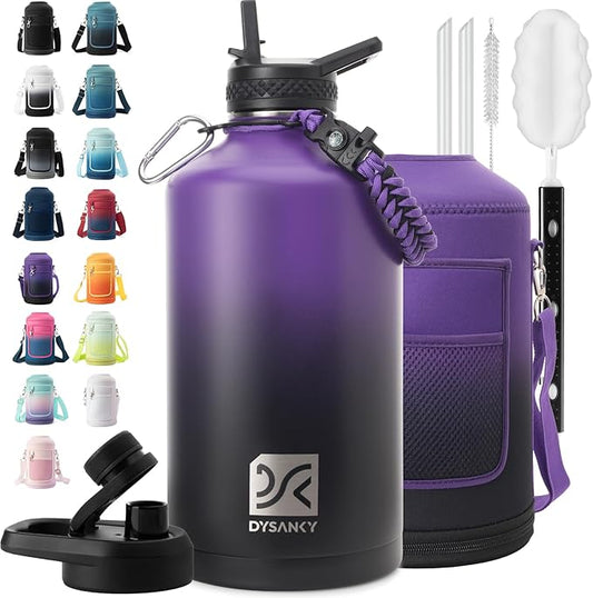1 Gallon Water Bottle Insulated | Thickened Stainless Steel Vacuum Metal Water Jug | Portable Sports Large for Gym and Hiking with Straw, Carrier Bag, Handle Strap | BPA-Free 128 oz-FlexoryFit