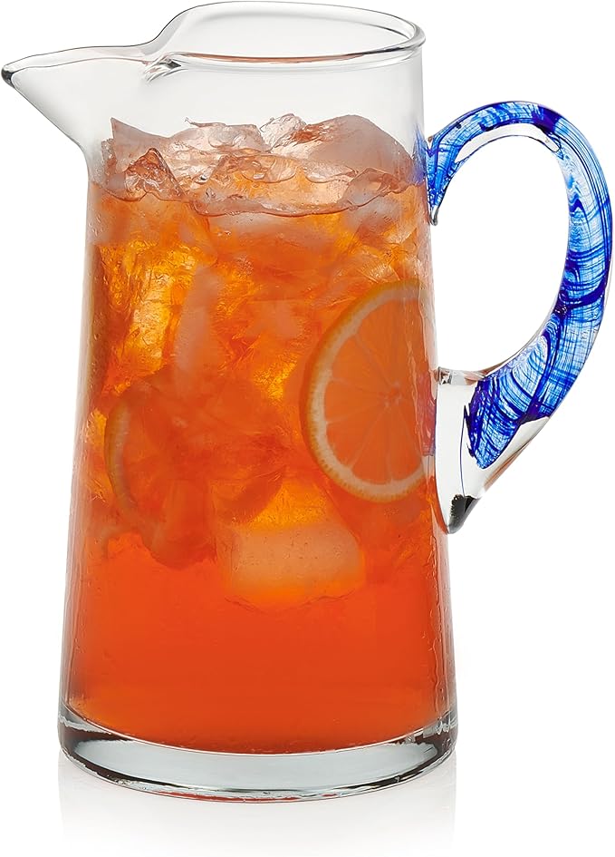 Libbey Cabos Large Glass Pitcher, 90 Oz Handcrafted Glass Water Pitcher with Spout and Blue Handle, Artisan-Inspired Water Carafe for Tables, Kitchen
