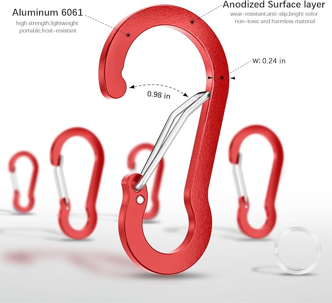 sprookber 3.2 Inch Aluminum Carabiner Clips D Ring, Caribeaner Spring Snap Hook with Keychain for Camping, Hiking, Gym & Outdoor Gear, Set of 10