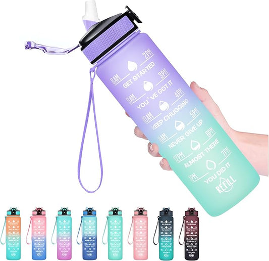 Hyeta 32 oz Water Bottles with Times to Drink and Straw, Motivational Water Bottle with Time Marker, Leakproof, Drinking Sports Water Bottle for Fitness, Gym and Outdoor-FlexoryFit