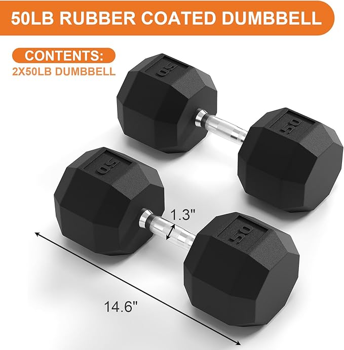Rubber Coated Hex Dumbbell Weight Set, Multiple Sizes Exercise & Fitness Dumbbells,100LB Set,110LB Set,200LB,350LB,450LB,550LB, 35-50Lbs Pairs for Muscle Toning, Strength Building & Full Body Workout-FlexoryFit