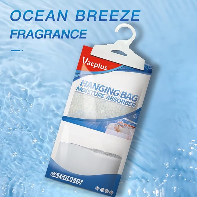 Vacplus Moisture Absorbers, Hanging Closet Dehumidifier Bags, Humidity Packs, Desiccant, Closet Dehumidifiers with Ocean Breeze Fragrance, 10 Pack, 9.8 OZ
