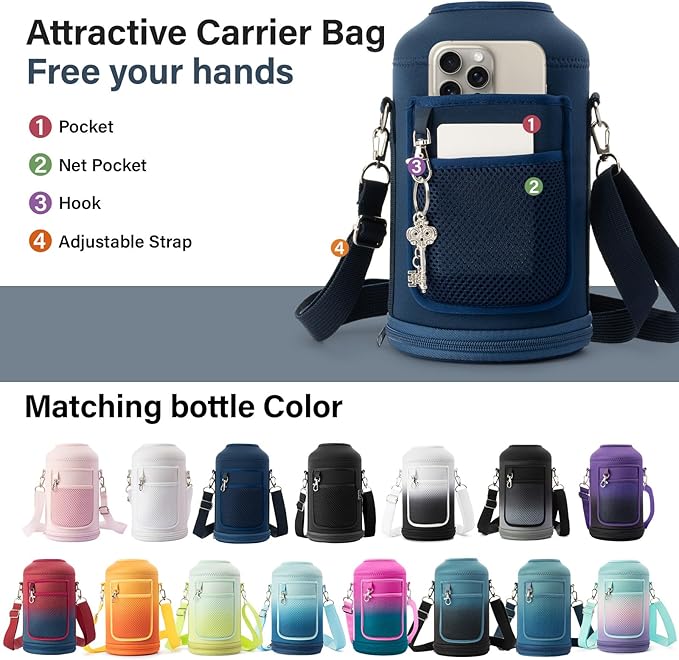 Insulated Water Bottle | Thickened Stainless Steel Vacuum Metal | Portable Sports Half Gallon Large Water Jug for Gym and Hiking with Straw, Carrier Bag, Handle Strap | BPA-Free 64 oz-FlexoryFit