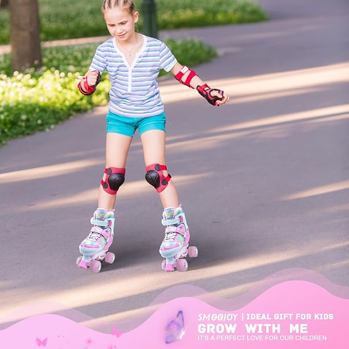 Kids Roller Skates for Girls-Outdoor 4 Size Adjustable Butterfly Quad Rollerskates for Indoor Ages 3-12 Years Beginners Children's Birthday Gift with Light Up Wheels patines para niñas Indoor-FlexoryFit