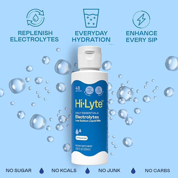 Hi-Lyte Low Sodium Electrolyte Supplement for Immune Support, Fasting and Rapid Hydration | 48 Servings | Magnesium, Potassium, Zinc | Unflavored Mineral Taste Drops-FlexoryFit