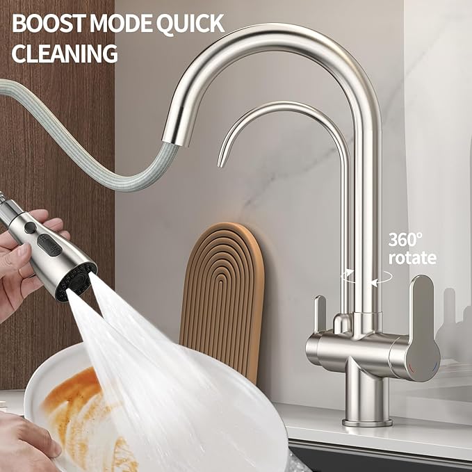 Kitchen Sink Faucet with Pull - Down Sprayer, 2 - Handle 3 - in - 1 Kitchen Sink Filter Faucet, Cold and Hot Mixer Drinking Water Faucet (Brushed Nickel-02)