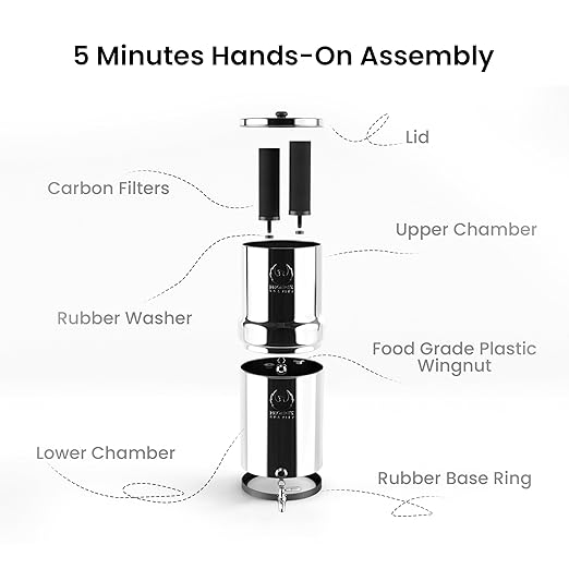 Gravity Water Filter System - 1.5 Gallons NSF Certified AISI 304 Stainless Steel Water Filter with 2 Smart Carbon Filters, 2 POSTreat Steel Fluoride Removal Elements & Free Stainless Steel Spigot